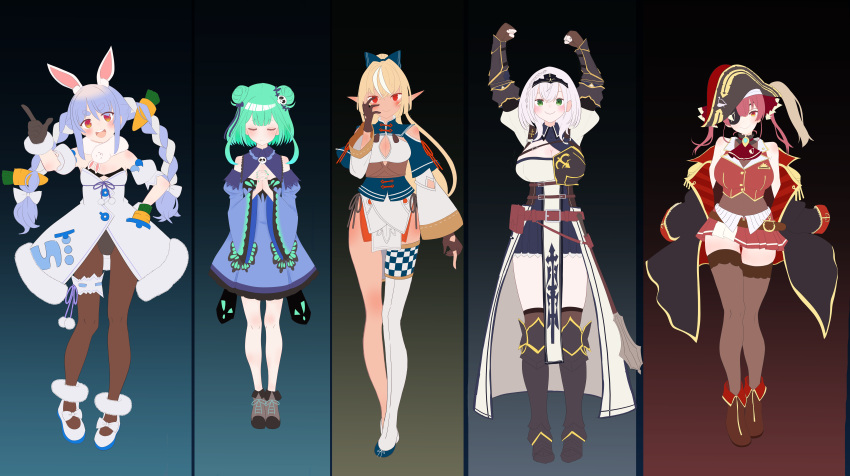 5girls, absurdres, arms_up, blue_dress, commentary_request, double_bun, dress, full_body