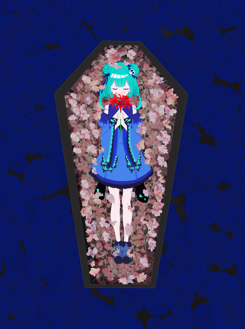 1girl, absurdres, blue_dress, coffin, commentary_request, double_bun, dress, flower