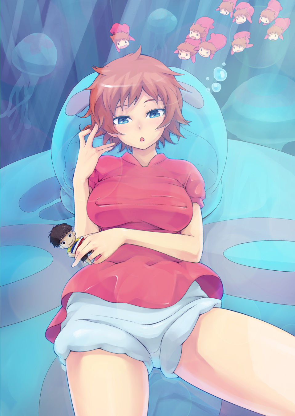 bad_id, blue_eyes, brown_hair, character_doll, child, face, gake_no_ue_no_ponyo, hair_twirling, highres, jellyfish, maeda_risou, ponyo, risoumaeda, shorts, sosuke, underwater