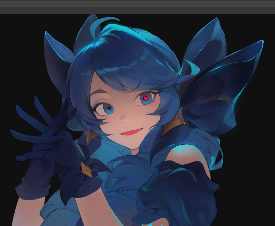 1girl, :d, ahoge, black_background, black_bow, black_gloves, blue_hair, bow