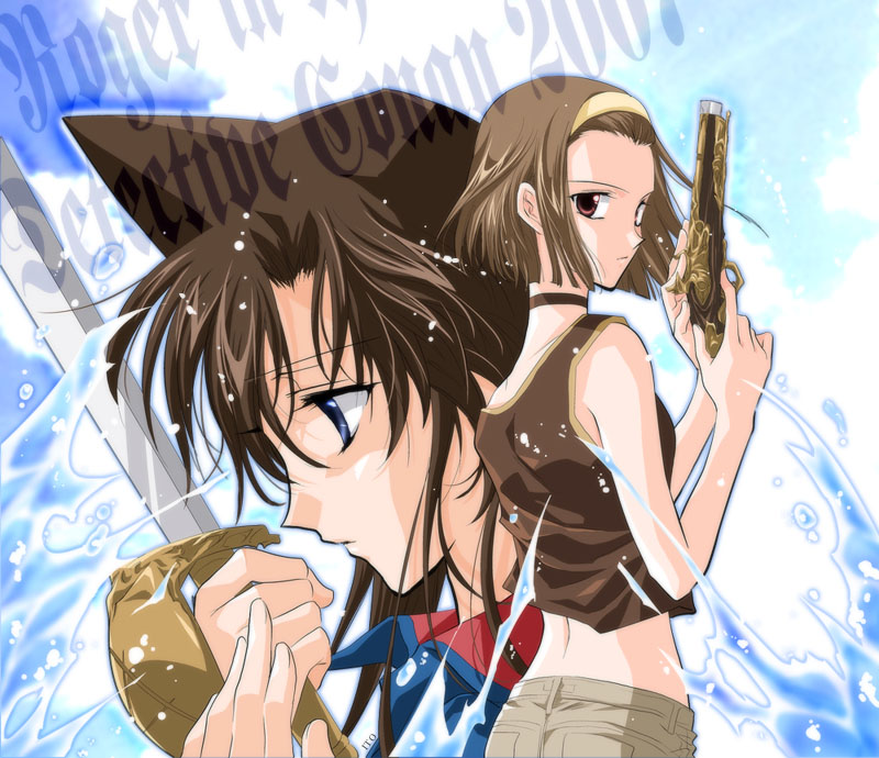 blue_eyes, brown_hair, detective_conan, gun, hairband, ito, ito_(artist), long_hair