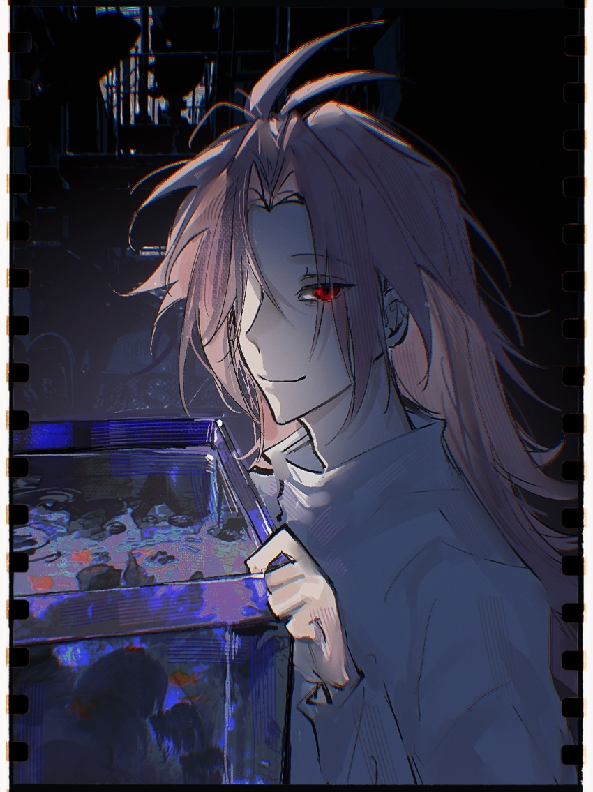 1boy, antenna_hair, closed_mouth, eyes_visible_through_hair, fish_tank, hatsutori_hajime, high_collar, highres, indoors, long_hair, long_sleeves, male_focus, parted_bangs, pink_hair, saibou_shinkyoku, shirt, smile, solo, sputniklover-1, upper_body, white_shirt