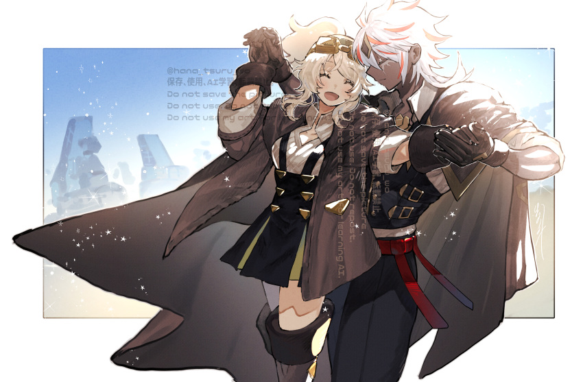 1boy, 1girl, albaz_(yu-gi-oh!), black_skirt, black_vest, blonde_hair, cloak, closed_eyes