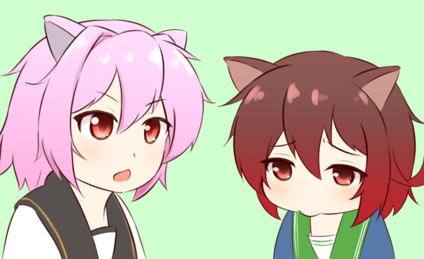 2girls, animal_ears, black_sailor_collar, blue_jacket, brown_hair, cat_ears, chestnut_mouth, gradient_hair, green_background, green_sailor_collar, jacket, kantai_collection, meme, multicolored_hair, multiple_girls, mutsuki_(kancolle), mutsuki_kai_ni_(kancolle), parody, pink_hair, red_eyes, redhead, sailor_collar, shirt, short_hair, talking_cats_(meme), tama_(kancolle), tama_kai_ni_(kancolle), upper_body, white_shirt, zanne