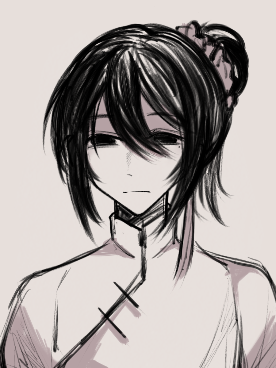 1boy, chinese_commentary, closed_mouth, commentary_request, greyscale, hair_between_eyes, hair_bun, highres, huayangshan_jishi, male_focus, mandarin_collar, mo_terbium, monochrome, portrait, shen_xiuxiu, short_hair, simple_background, single_hair_bun, single_side_bun, sketch, solo, white_background