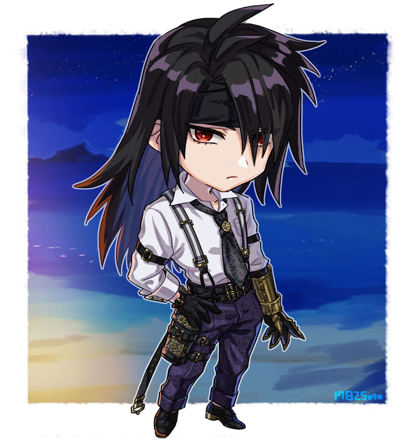 1782seta, arm_belt, artist_name, beach, belt, black_belt, black_footwear, black_gloves, black_hair, black_headband, black_necktie, border, chibi, clawed_gauntlets, closed_mouth, collared_shirt, final_fantasy, final_fantasy_vii, final_fantasy_vii_ever_crisis, full_body, gloves, hair_between_eyes, hand_on_own_hip, headband, highres, holster, long_hair, looking_at_viewer, multiple_belts, necktie, night, night_sky, official_alternate_costume, pants, parted_bangs, purple_pants, red_eyes, shirt, sky, suspenders, thigh_holster, tie_clip, vincent_valentine, vincent_valentine_(formal_attire), white_border, white_shirt