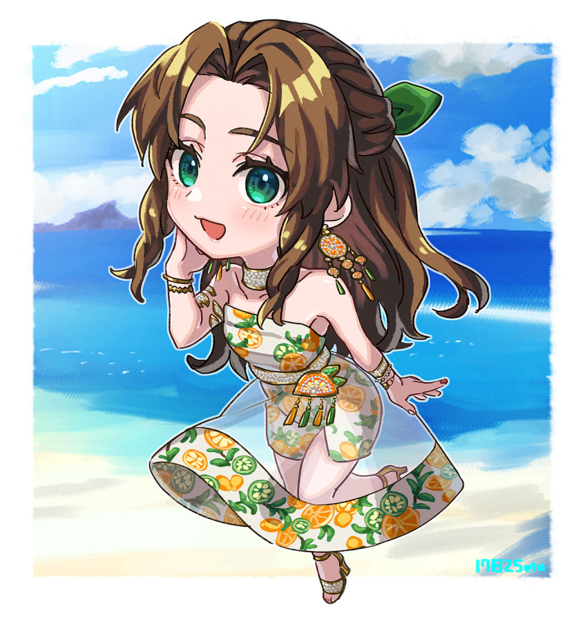 1782seta, 1girl, aerith_gainsborough, aerith_gainsborough_(citric_dress), armlet, artist_name, bare_shoulders, beach, border, bracelet, breasts, brown_hair, checkered_choker, chibi, collarbone, dress, earrings, final_fantasy, final_fantasy_vii, final_fantasy_vii_ever_crisis, food-themed_earrings, fruit_print, full_body, green_eyes, green_ribbon, hair_ribbon, half_updo, hand_on_own_cheek, hand_on_own_face, highres, jewelry, light_blush, long_dress, long_hair, looking_at_viewer, medium_breasts, multicolored_nails, multiple_bracelets, nail_polish, ocean, official_alternate_costume, open_mouth, orange-shaped_earrings, orange-shaped_ornament, orange_print, parted_bangs, print_dress, ribbon, sandals, see-through, see-through_skirt, side_slit, sidelocks, skirt, smile, solo, strapless, strapless_dress, toeless_footwear, wavy_hair, white_border