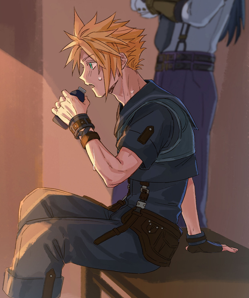 1782seta, 2boys, aqua_eyes, belt, black_belt, black_hair, black_sailor_collar, black_shirt