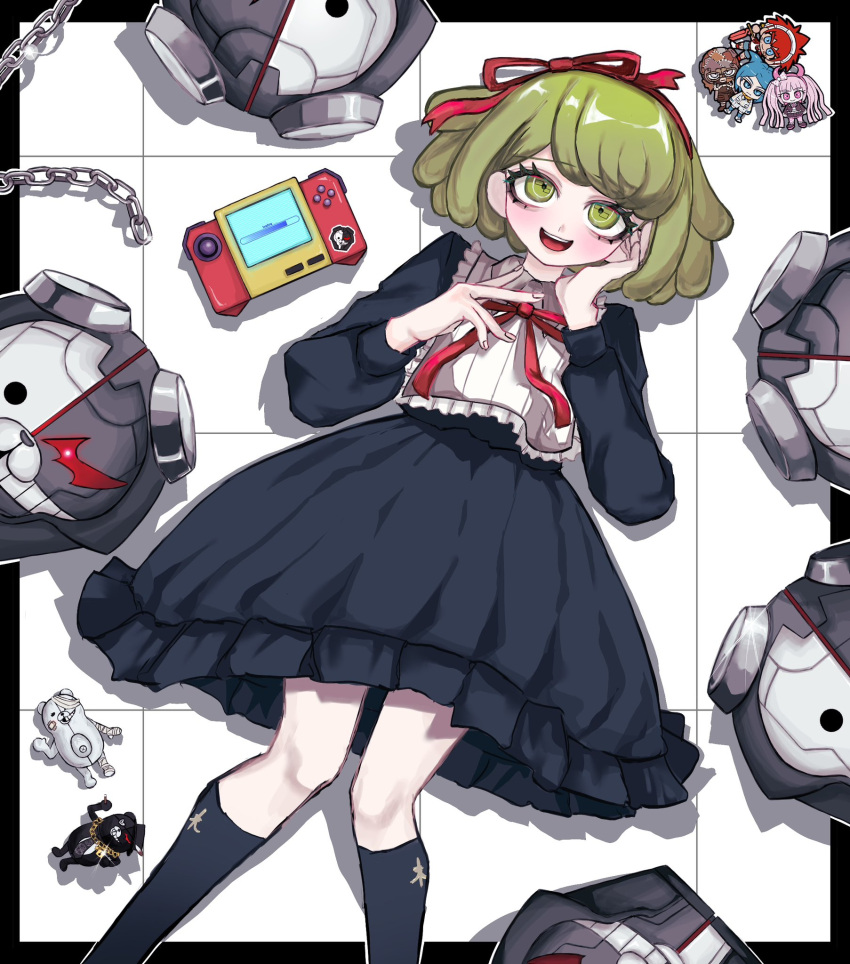 1girl, :d, black_dress, black_socks, daimon_masaru_(danganronpa), danganronpa_(series), danganronpa_another_episode:_ultra_despair_girls, dress, feet_out_of_frame, green_eyes, green_hair, hairband, handheld_game_console, highres, kemuri_jataro, kneehighs, kurokuma_(danganronpa), long_sleeves, lying, monokuma, neck_ribbon, on_back, red_hairband, red_ribbon, ribbon, robot, shingetsu_nagisa, shiosai_310, shirokuma_(danganronpa), smile, socks, teeth, towa_monaca, upper_teeth_only, utsugi_kotoko