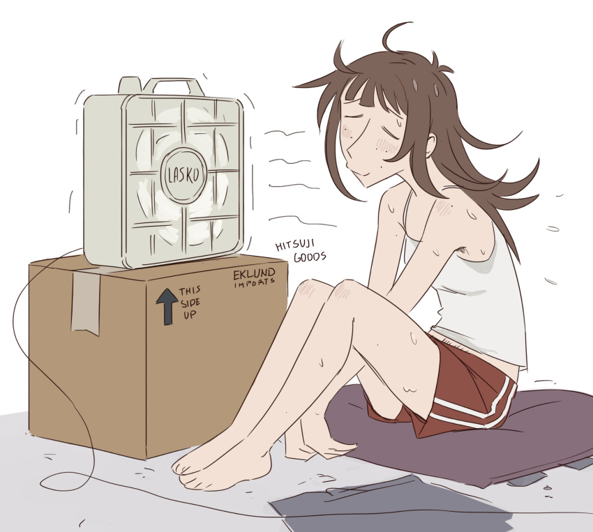 1girl, brown_hair, cardboard_box, closed_eyes, electric_fan, english_text, feet, female