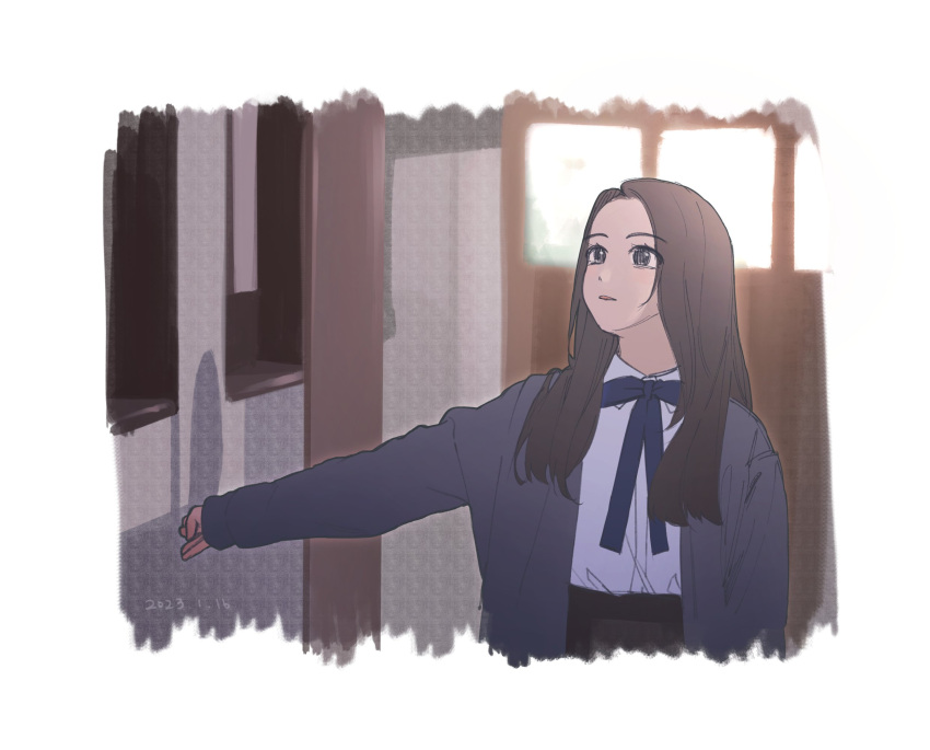 1girl, blue_ribbon, brown_hair, cardigan, chinese_commentary, chu_0618, commentary, dated