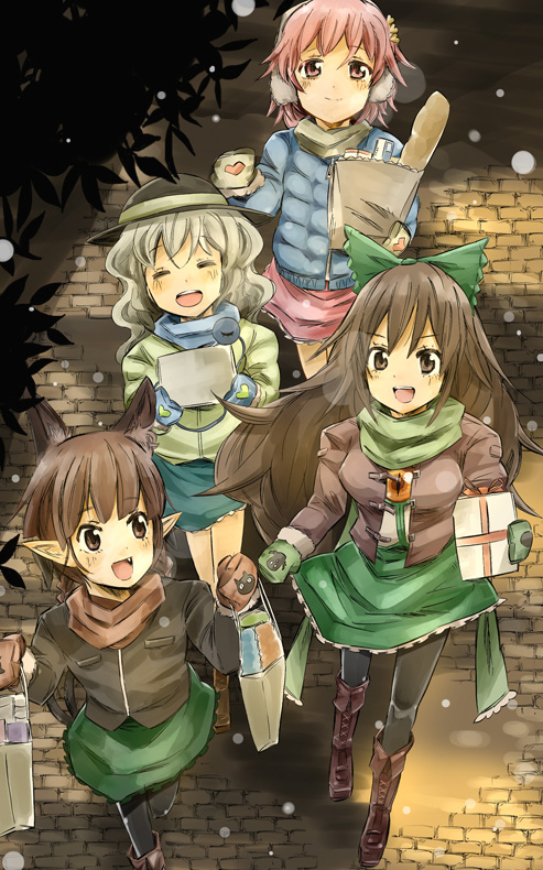 alternate_costume, animal_ears, bag, braid, bread, brown_eyes, brown_hair, cat_ears