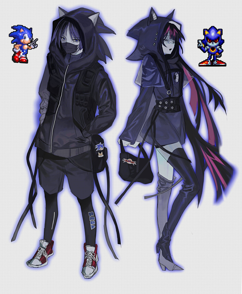 1boy, 1girl, alternate_costume, animal_hood, arms_behind_back, asymmetrical_legwear, bag, black_corset