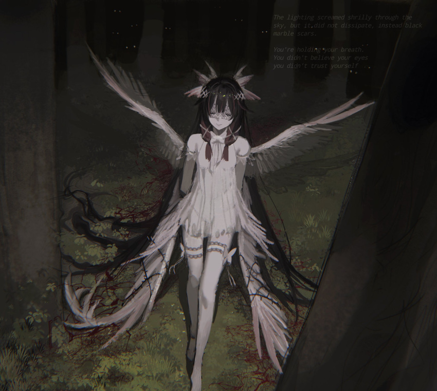 1girl, angel_wings, armpit_crease, bare_shoulders, barefoot, black_hair, bow, bowtie, bug, butterfly, closed_eyes, columbina_(genshin_impact), detached_sleeves, double-parted_bangs, dress, english_text, eyemask, forest, gadblo_(hateful), genshin_impact, grass, hair_between_eyes, hair_ribbon, head_wings, highres, lace-trimmed_straps, lace_trim, long_hair, long_sidelocks, looking_at_viewer, multicolored_hair, multiple_wings, nature, night, on_grass, redhead, ribbon, sidelocks, smile, solo, standing, streaked_hair, thigh_strap, thorns, tree, very_long_hair, walking, walking_towards_viewer, white_bow, white_bowtie, white_dress, white_mask, white_ribbon, white_sleeves, white_wings, wings, x-shaped_eyewear
