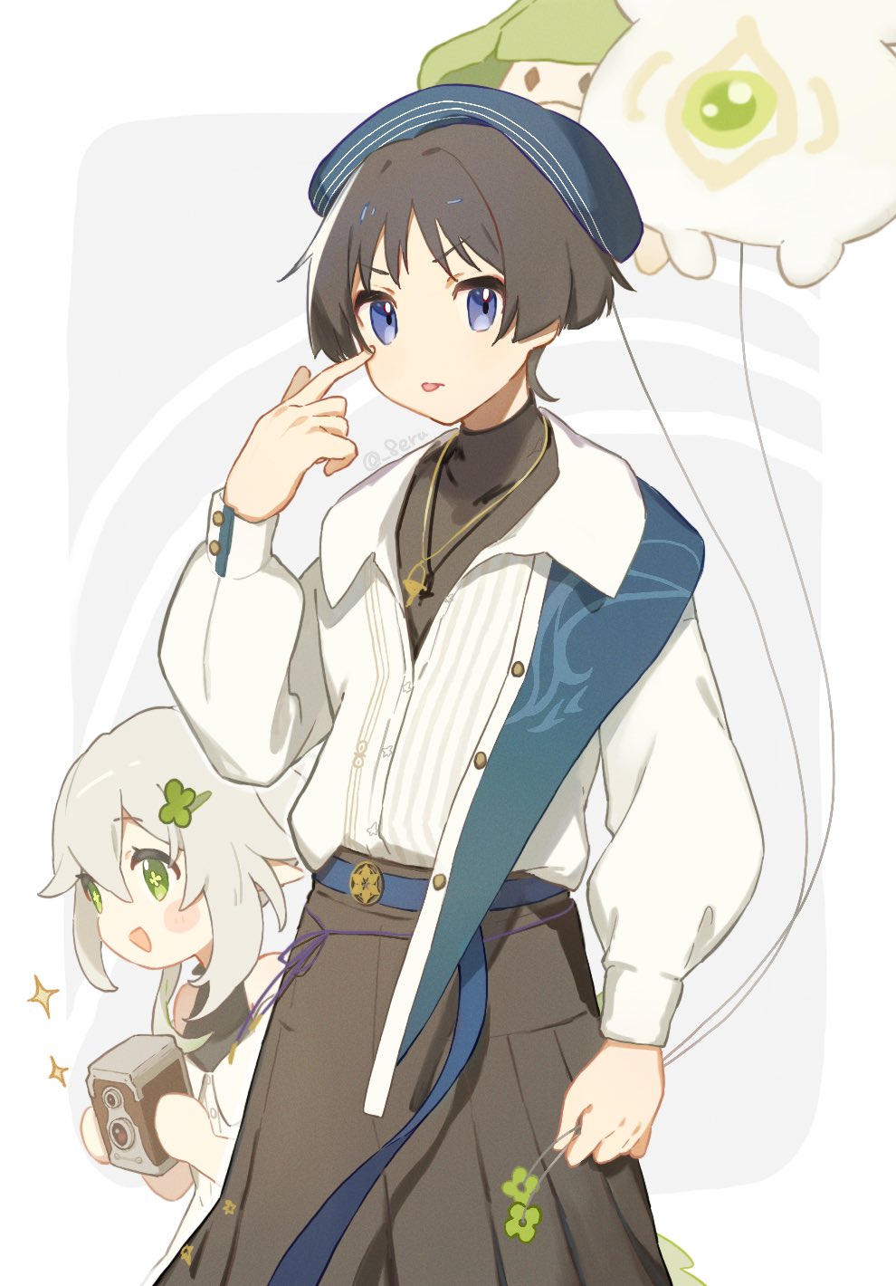 1boy, 1girl, :p, akanbe, alternate_costume, aqua_hat, aqua_shawl, aranara_(genshin_impact)