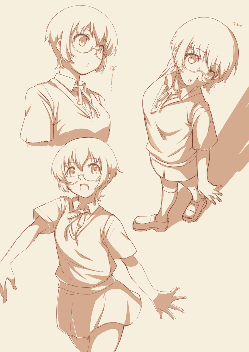 e-suke, glasses, highres, loafers, monochrome, open_mouth, ore_no_imouto_ga_konna_ni_kawaii_wake_ga_nai, sawashiro_kei