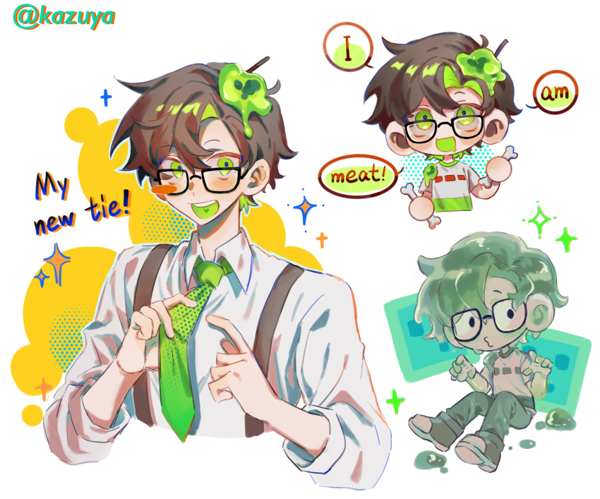 1boy, artist_name, bone, brown_hair, chinese_commentary, commentary_request, dream_smp, english_text, glasses, green_eyes, green_hair, hat, highres, holding, kafei146, male_focus, minecraft_youtube, monster_boy, multiple_views, necktie, official_alternate_costume, open_mouth, pants, shirt, short_hair, slime_(substance), slime_boy, slimecicle, smile, speech_bubble, suspenders, white_background, white_shirt