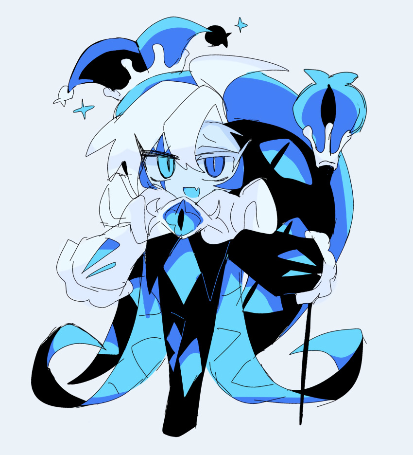 1boy, blue_eyes, blue_hat, blue_skin, blue_theme, brooch, colored_skin, commentary_request