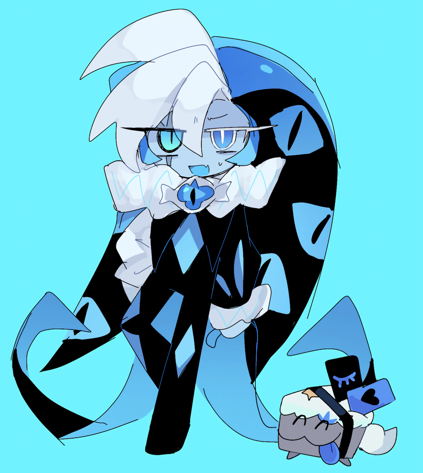 1boy, blue-eyes_cake_hound, blue_background, blue_eyes, blue_hat, blue_skin, blue_theme, brooch
