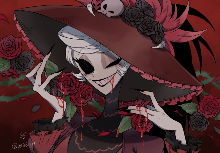 1girl, ambiguous_red_liquid, black_eyes, black_flower, black_lips, black_nails, black_rose, colored_skin