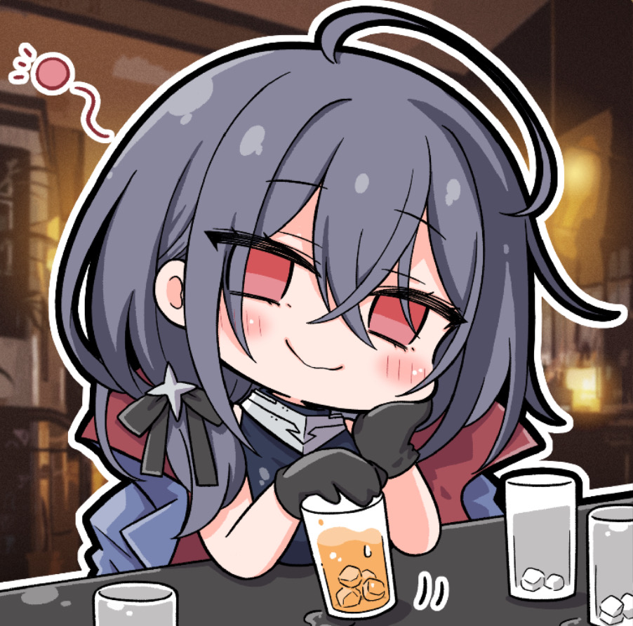 1girl, ahoge, alcohol, azur_lane, black_gloves, black_hair, black_ribbon, chibi, closed_mouth, crossed_bangs, cup, drunk, gloves, hair_ribbon, hand_on_own_cheek, hand_on_own_face, holding, holding_cup, ice, ice_cube, looking_at_viewer, medium_hair, nejikirio, official_art, pittsburgh_(azur_lane), red_eyes, ribbon, smile, solo