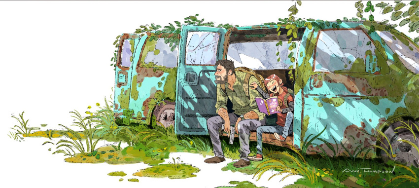 1boy, 1girl, ami_thompson, artist_name, backpack, bag, beard, black_shirt