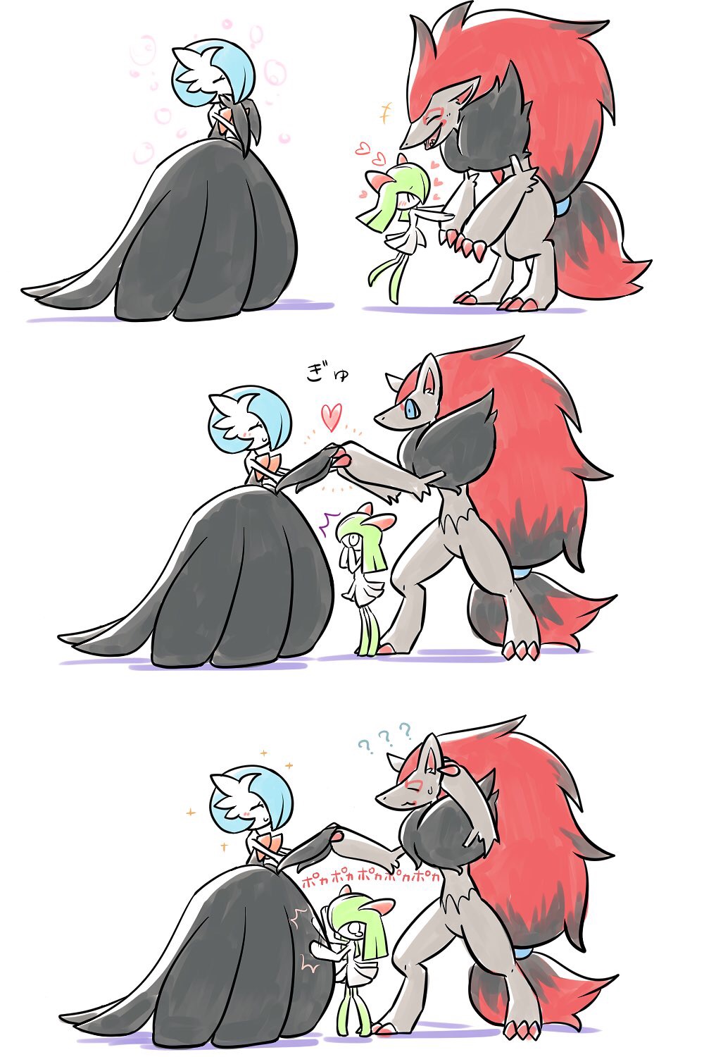 773mimisuke, ?, alternate_color, black_dress, black_gloves, blue_eyes, blue_hair, bob_cut, claws, closed_eyes, colored_skin, dress, elbow_gloves, furry, gardevoir, gloves, green_hair, green_skin, grey_fur, heart, highres, holding_hands, horns, kirlia, mega_gardevoir, mega_pokemon, multicolored_fur, pokemon, pokemon_(creature), red_fur, shiny_pokemon, sidelocks, simple_background, white_background, white_skin, zoroark