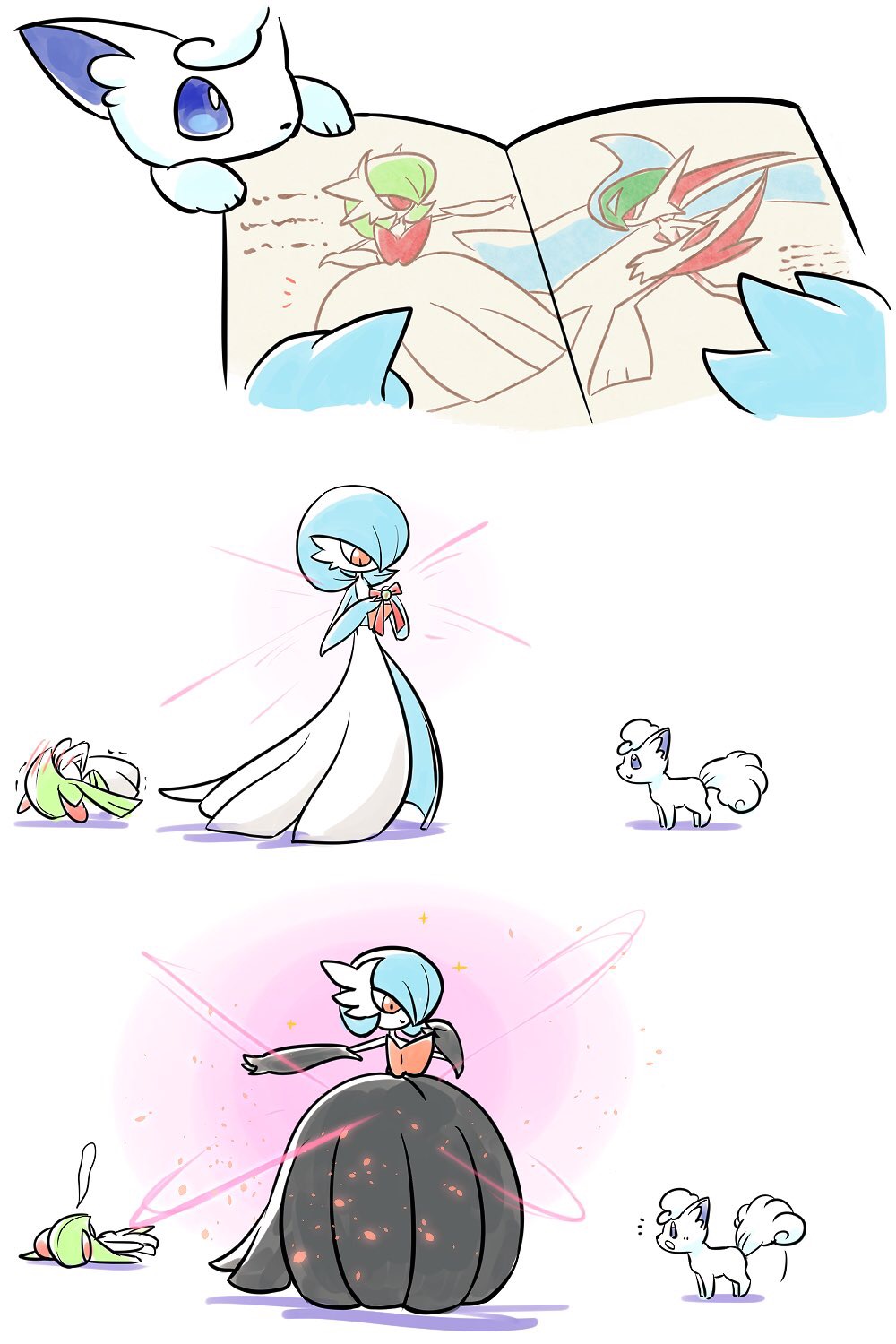 773mimisuke, alolan_vulpix, alternate_color, black_dress, black_gloves, blue_eyes, blue_hair, blue_skin, bow, colored_skin, dress, elbow_gloves, from_side, gallade, gardevoir, gloves, green_hair, green_skin, highres, horns, kirlia, mega_evolution, mega_gallade, mega_gardevoir, mega_pokemon, mega_stone, multicolored_skin, pokemon, pokemon_(creature), reading, shiny_pokemon, sidelocks, storybook, two-tone_skin, white_dress, white_fur, white_skin
