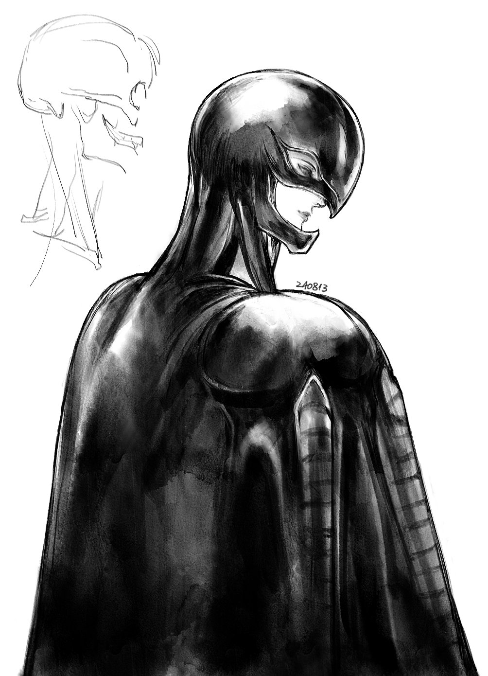 1boy, armor, berserk, black_bodysuit, black_mask, bodysuit, closed_mouth, cloud_virtu, dated, femto_(berserk), from_behind, full_armor, greyscale, griffith_(berserk), helmet, highres, male_focus, mask, monochrome, profile, sketch, skull, smile, solo, upper_body