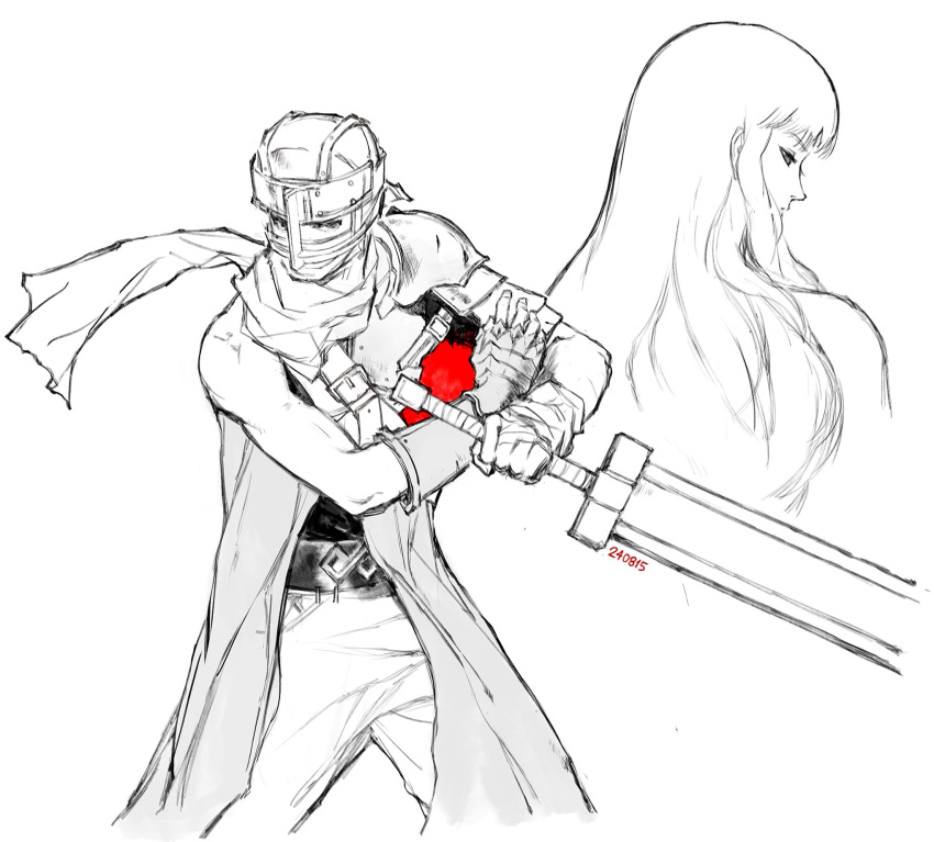 2boys, armor, berserk, cloud_virtu, cowboy_shot, dated, fighting_stance, gloves, griffith_(berserk), guts_(berserk), helm, helmet, highres, holding, holding_sword, holding_weapon, long_hair, male_focus, multiple_boys, otoko_no_ko, scarf, short_hair, shoulder_armor, sidelocks, single_bare_shoulder, single_shoulder_pad, sketch, sword, upper_body, wavy_hair, weapon, white_background