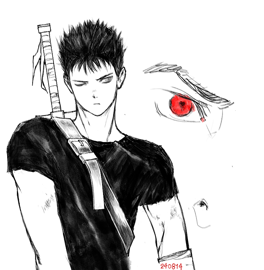 1boy, belt_buckle, berserk, black_hair, black_shirt, buckle, cloud_virtu, dated