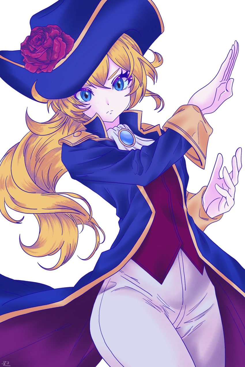>:(, 1girl, ascot, blonde_hair, blue_coat, blue_eyes, blue_hat, brooch