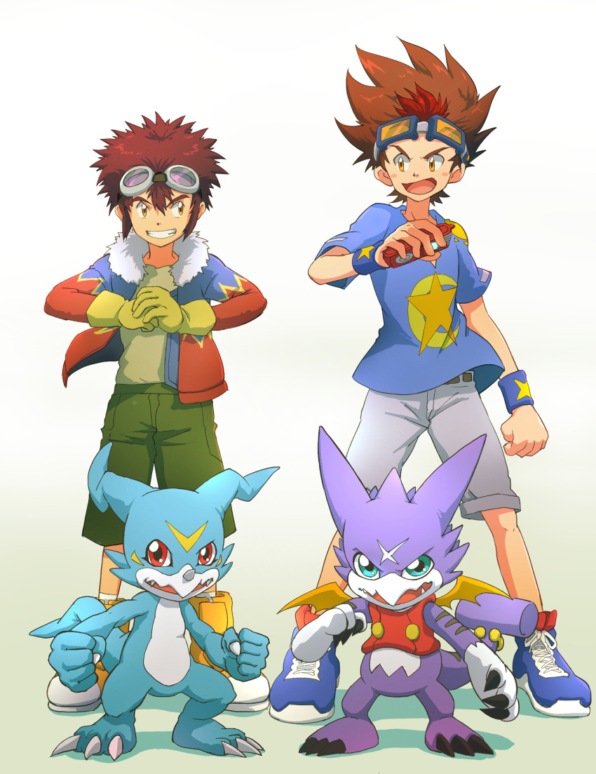 4boys, akashi_tagiru, blue_eyes, blue_jacket, blue_shirt, blue_skin, brown_eyes, brown_hair