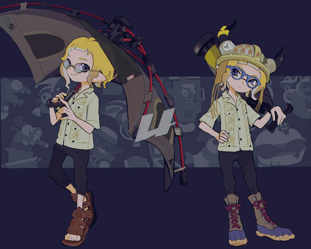 2girls, black_pants, blonde_hair, blue-framed_eyewear, boots, brown_footwear, buttons, closed_umbrella