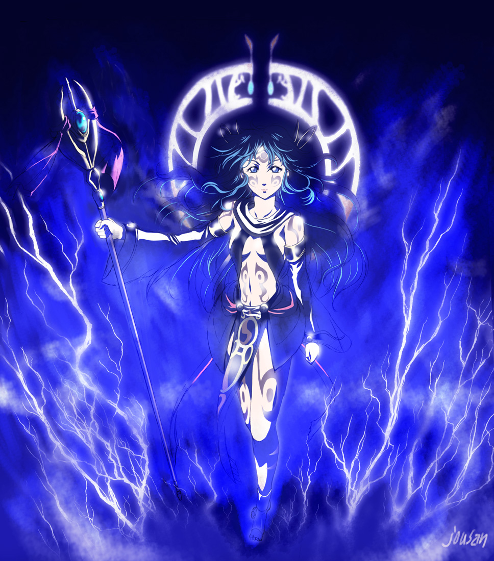 blue_background, blue_eyes, blue_hair, falcom, lightning, magic, spoilers, staff
