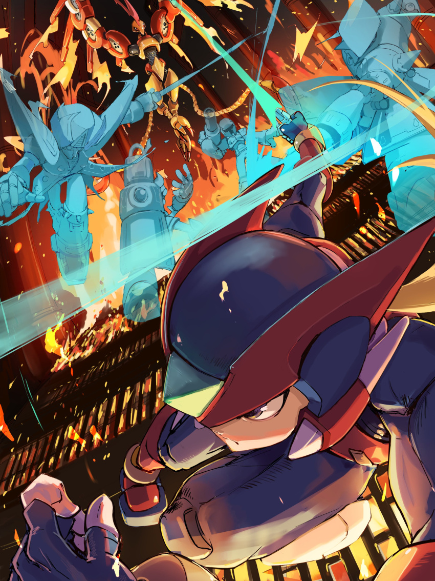 absurdres, agile_(mega_man), android, battle, bird, bit_(mega_man), black_eyes, colonel_(mega_man)