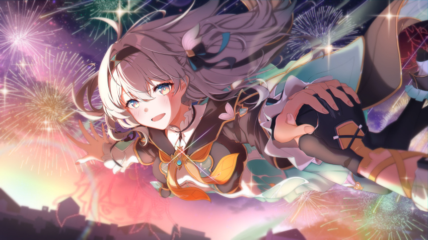 1boy, 1girl, absurdres, aerial_fireworks, akar1, black_gloves, black_hairband, black_jacket