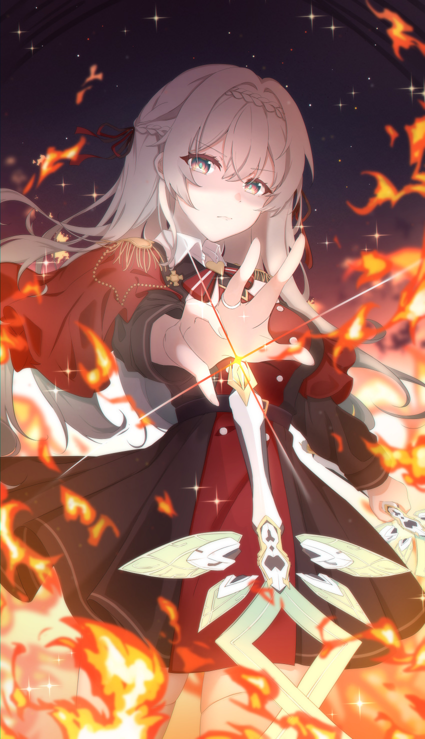 1girl, absurdres, akar1, black_dress, braid, capelet, closed_mouth, collar, commentary_request, cowboy_shot, dress, epaulettes, fire, firefly_(honkai:_star_rail), firefly_(vision)_(honkai:_star_rail), green_pupils, hair_between_eyes, hair_intakes, hair_ribbon, half_updo, highres, honkai:_star_rail, honkai_(series), jewelry, long_hair, looking_at_viewer, official_alternate_costume, open_hand, orange_eyes, outstretched_arm, red_capelet, red_dress, red_ribbon, revision, ribbon, ring, sidelocks, solo, sword, thigh-highs, two-tone_dress, weapon, white_collar, white_hair, white_thighhighs