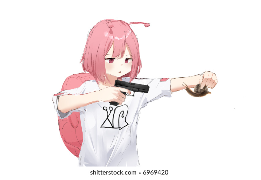 1girl, animal, antennae, brand_name_imitation, commentary, cropped_torso, english_commentary, glock, gun, handgun, hands_up, highres, holding, holding_animal, holding_gun, holding_weapon, original, peri_(p3riperi), photo-referenced, pink_hair, red_eyes, shirt, short_hair, short_sleeves, shutterstock, simple_background, snail, snail's_house, snail_girl, snail_shell, snailchan, solo, t-shirt, weapon, white_background, white_shirt, white_t-shirt