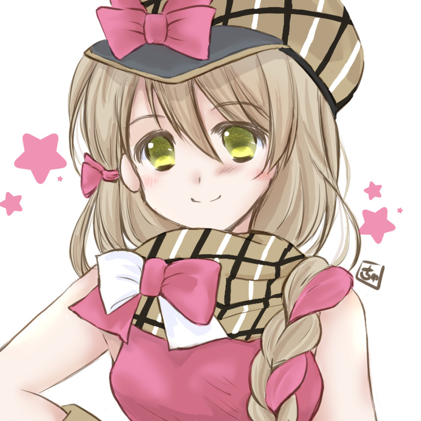 1girl, blonde_hair, braid, brown_scarf, chuchi_suko, fire_emblem, fire_emblem_engage, framme_(fire_emblem), hat, highres, long_hair, looking_at_viewer, multicolored_hair, pink_hair, plaid_clothes, plaid_headwear, plaid_scarf, scarf, single_braid, solo, split-color_hair, yellow_eyes