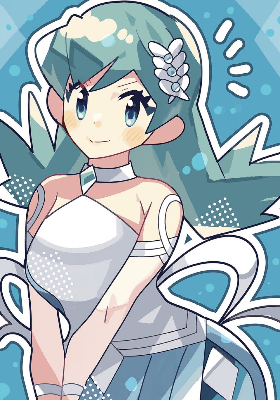 1girl, anidler91, aqua_eyes, aqua_gemstone, aqua_hair, blue_background, blue_eyes, blue_hair