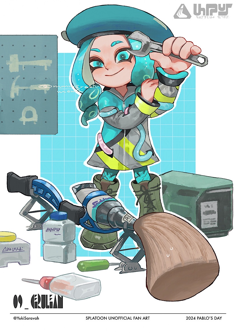 1girl, beret, blue_eyes, blue_hat, boots, border, coat, commentary_request