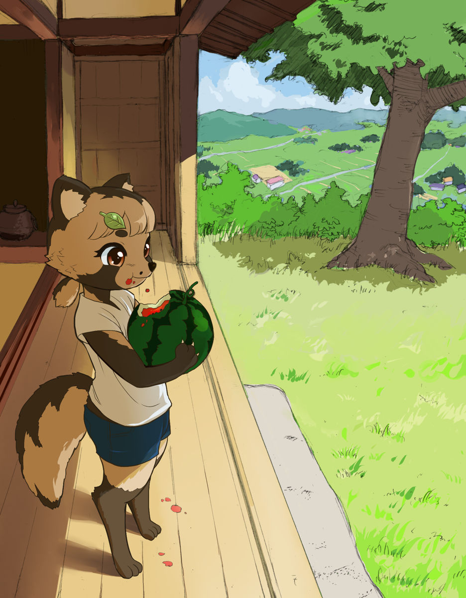 1girl, blue_shorts, brown_eyes, brown_fur, bttfghn, commentary_request, eating, food