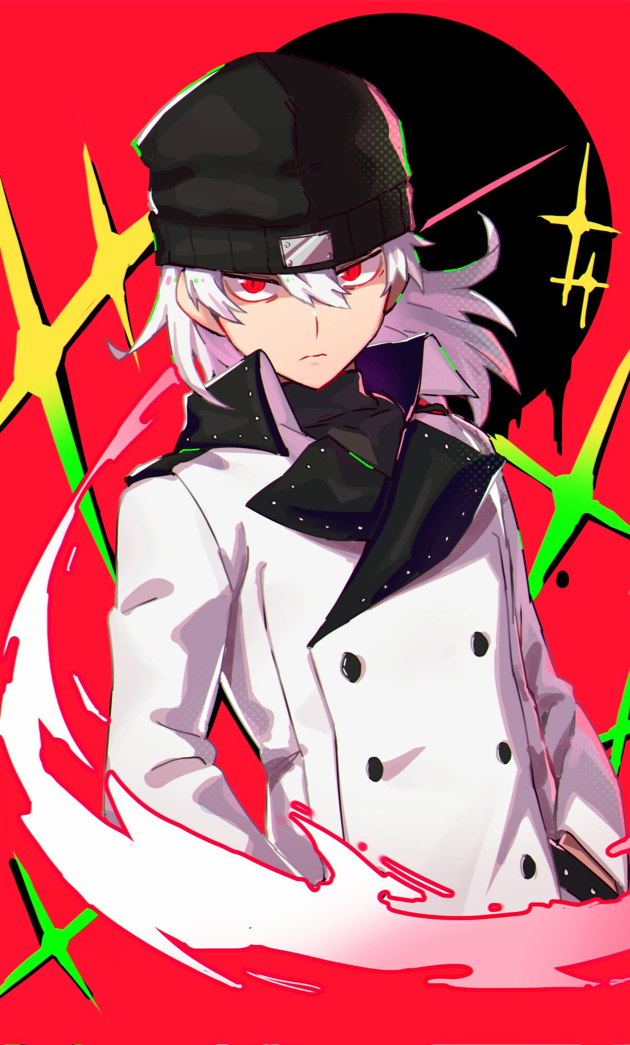 1boy, alternate_color, aragaki_shinjirou, beanie, black_hat, black_sweater, buttons, closed_mouth
