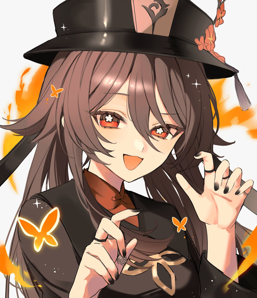 1girl, :3, black_coat, black_hat, black_nails, breasts, bright_pupils, brown_hair