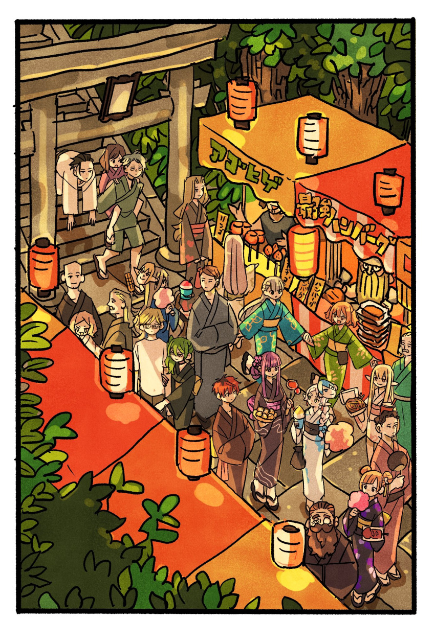 6+boys, 6+girls, absurdly_long_hair, alternate_hairstyle, arm_hug, bag, bald, beard