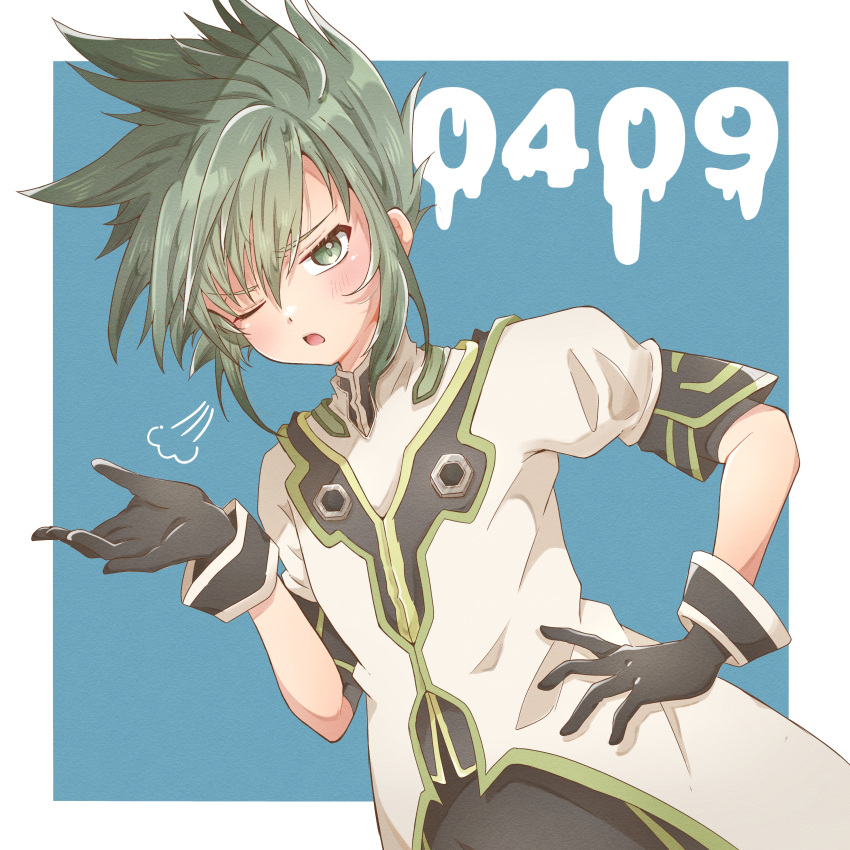 1boy, absurdres, black_gloves, blush, border, commentary_request, gloves, green_eyes, green_hair, green_trim, hand_on_own_hip, highres, jacket, kazunokoumaa_(mymyabyss), male_focus, medium_hair, one_eye_closed, open_mouth, outside_border, puff_of_air, solo, spiky_hair, sync_(tales), tales_of_(series), tales_of_the_abyss, white_border, white_jacket