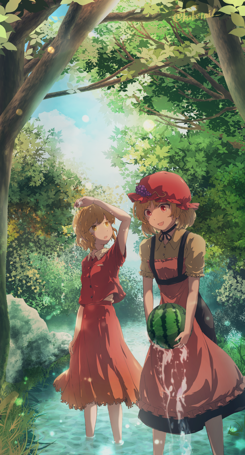 2girls, aki_minoriko, aki_shizuha, apron, arm_up, black_ribbon, black_skirt, blonde_hair