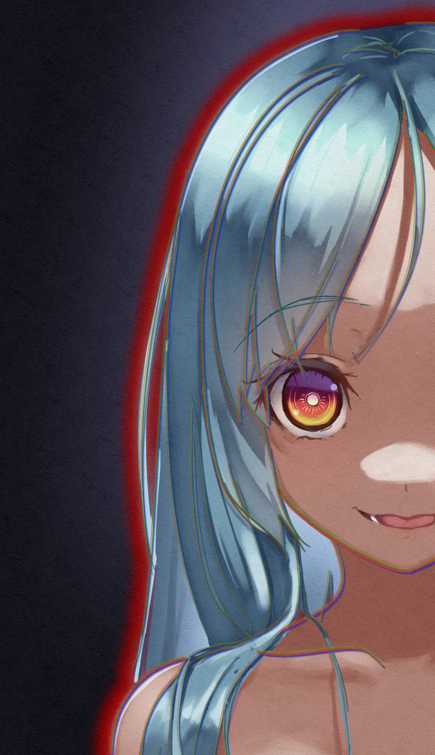 1girl, absurdres, blue_hair, chromatic_aberration, collarbone, crazy, crazy_eyes, crazy_grin
