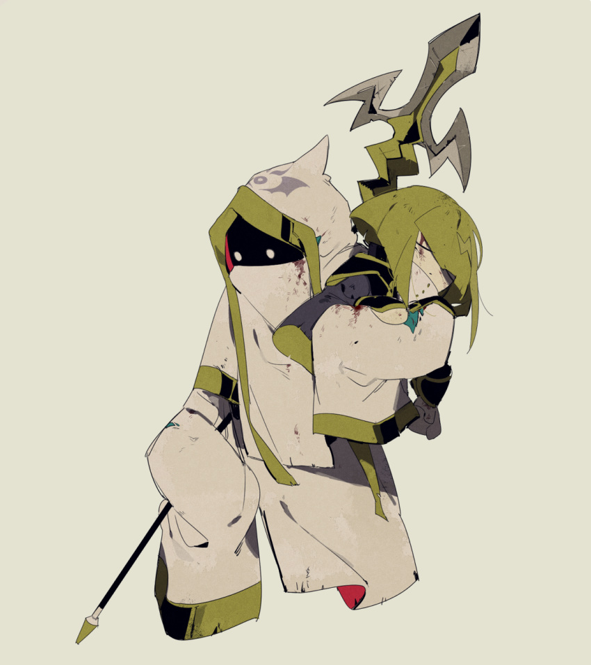 1boy, 1girl, black_bridal_gauntlets, black_robe, blonde_hair, blood, blood_on_clothes, blood_on_face